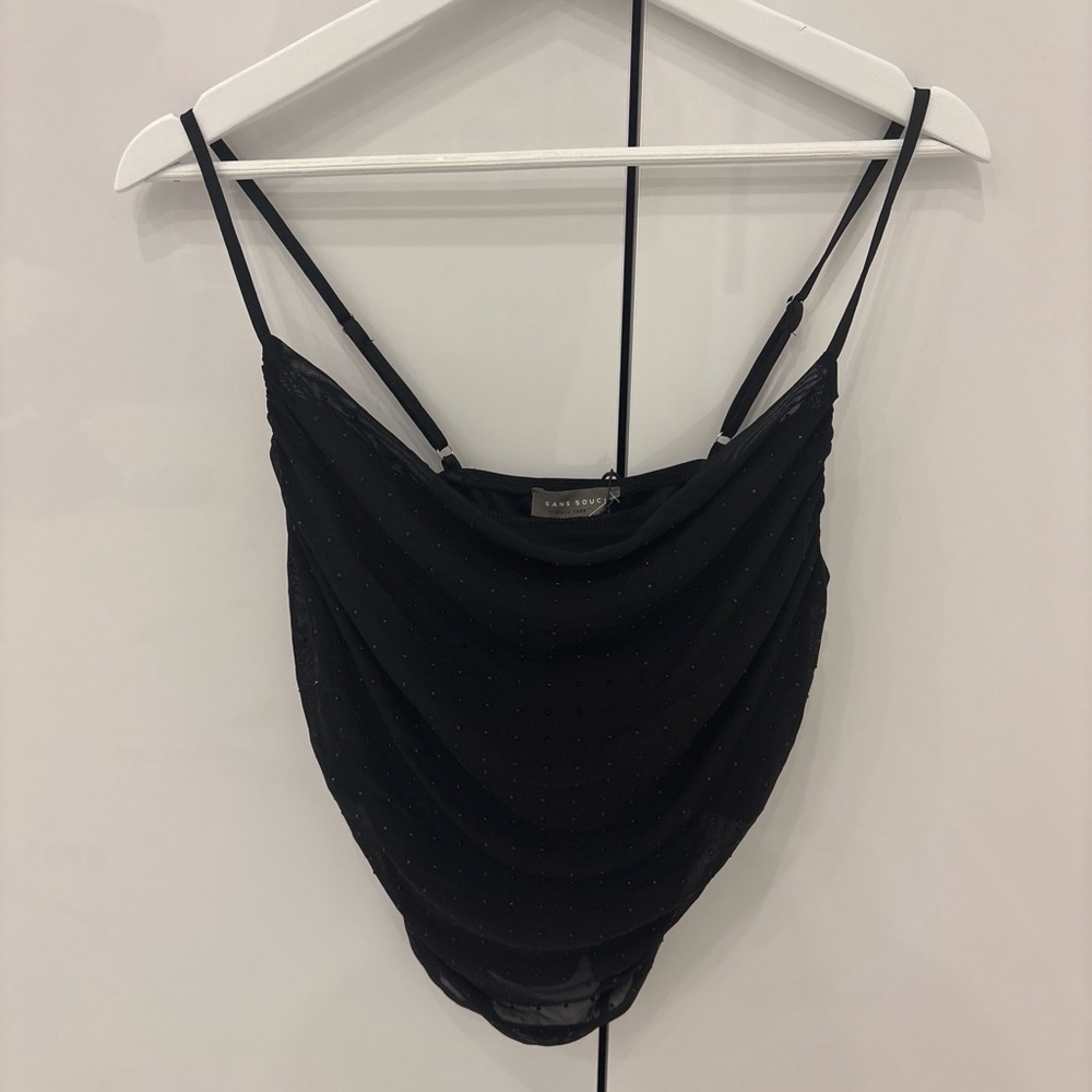 Black Bedazzled Draped Cowl Neck Tank